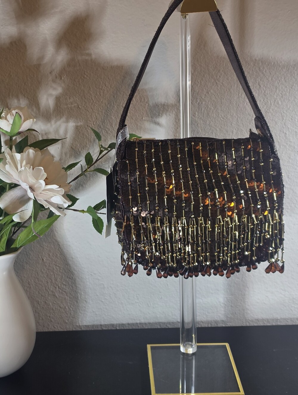 NWT Handmade Beaded & Sequined Brown Shoulder Bag